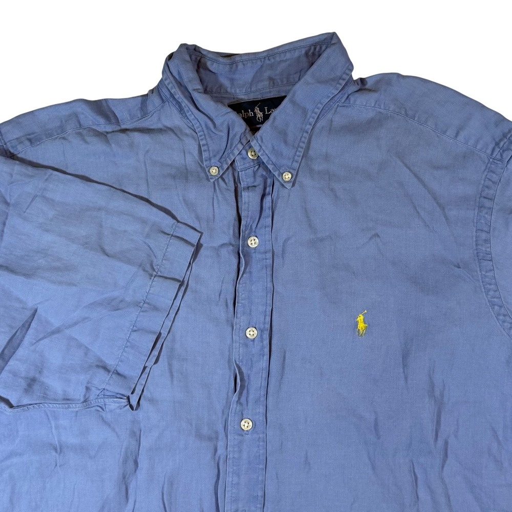 Ralph Lauren Button Down Mens XL Blue Linen Silk Short Sleeve Classic‎ Fit Shirt